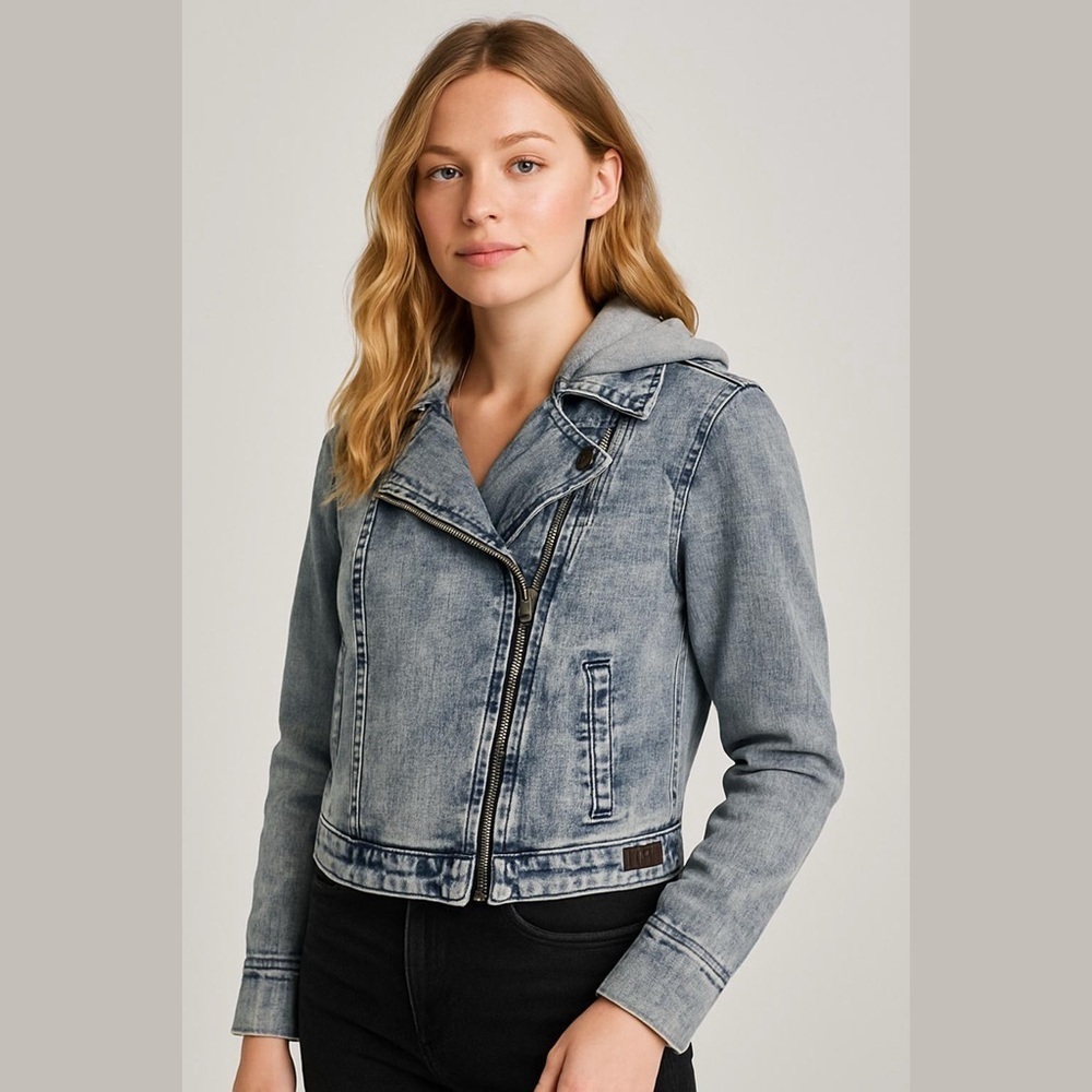 Peace Love World Jacket Sweatshirt Coat Size 2 Attached Hoodie Denim Zip Up NWOT